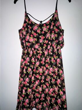 Soprano Black Floral Spaghetti-Strap Sundress with Pink Roses